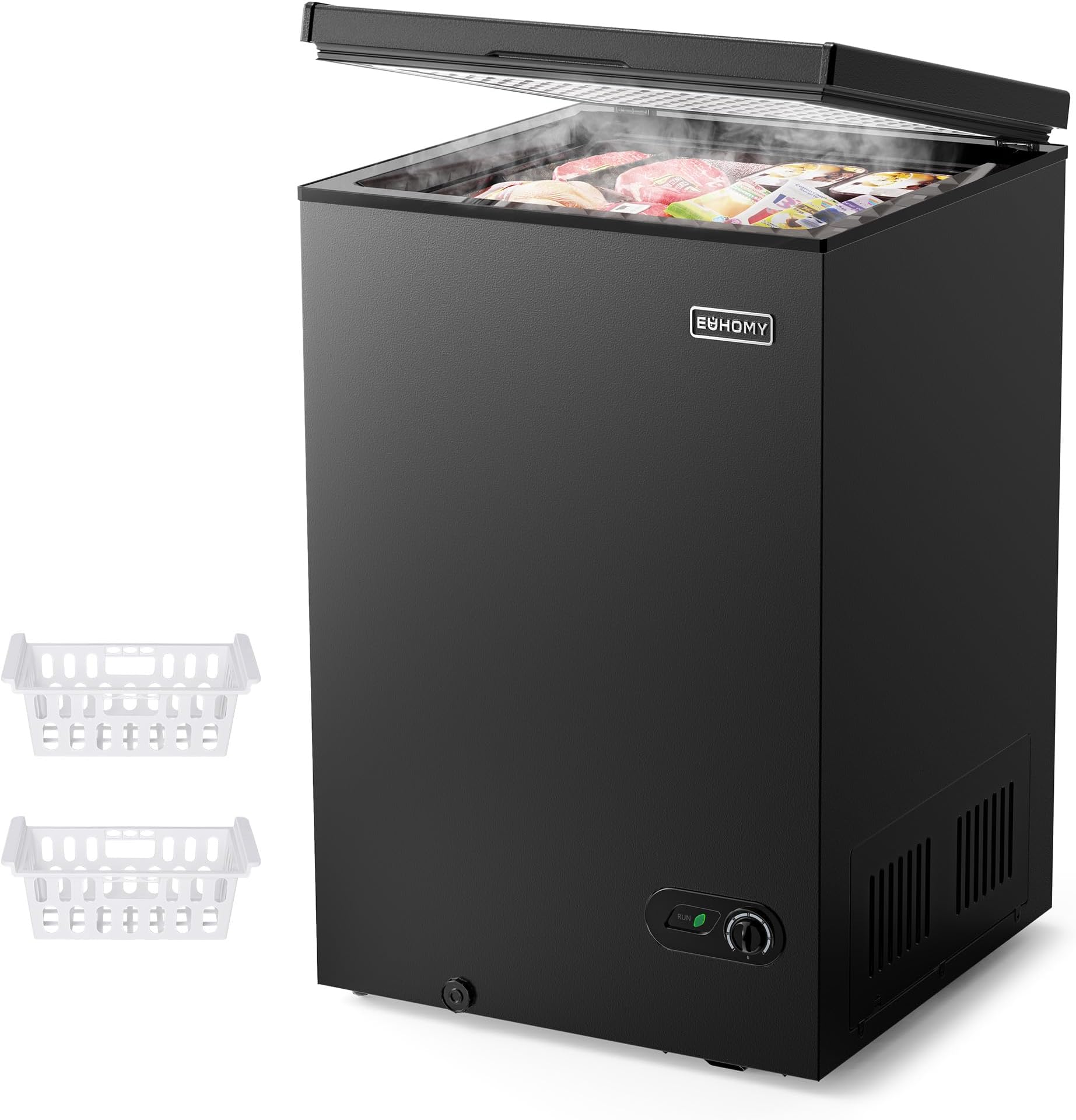 EUHOMY 3.5 Cu.Ft Chest Freezer with Removable Basket, Small Deep Freezer Adjustable 7 Thermostat, Quiet Mini Freezer Free-Standing Top Door, Energy Saving for Apartment/Garage/Basement/Dorm/Home,Black