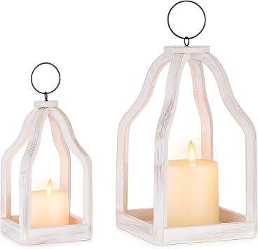 Wood Lanterns Decorative Indoor Farmhouse Hanging Candle Holder Set of 2 White Table Centerpiece Fireplace Mantle Shelf 11" & 8" Rustic Home Decor Fall Ornaments Whitewashed