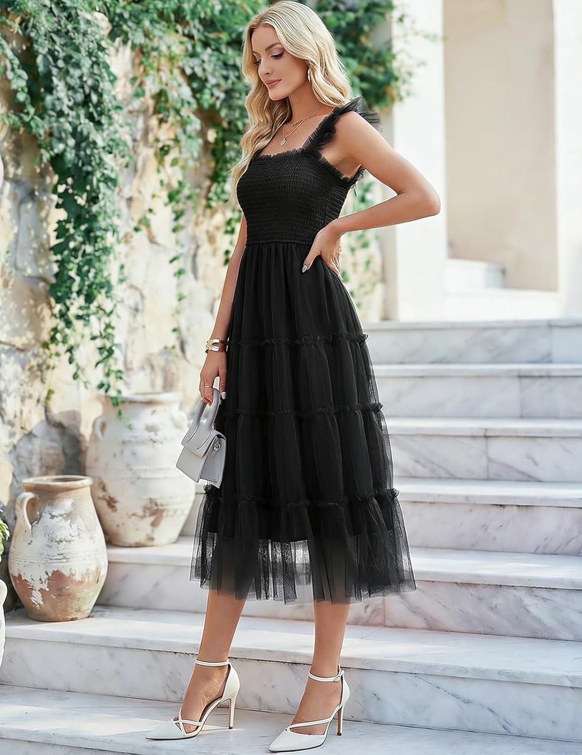 Meetjen Women's Summer Tulle Midi Dresses 2026 Sleeveless Smocked Square Neck Casual Flowy Party Wedding Guest Dress