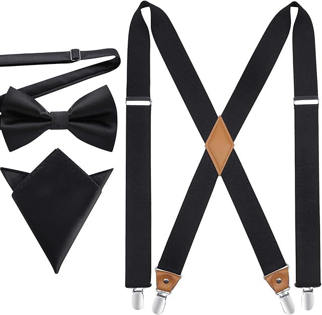 HISDERN Braces for Men Trousers with Very Strong 4 Clips Heavy Duty Braces X Style Adjustable Suspenders with Pre-tied Bow Tie Pocket Square Set