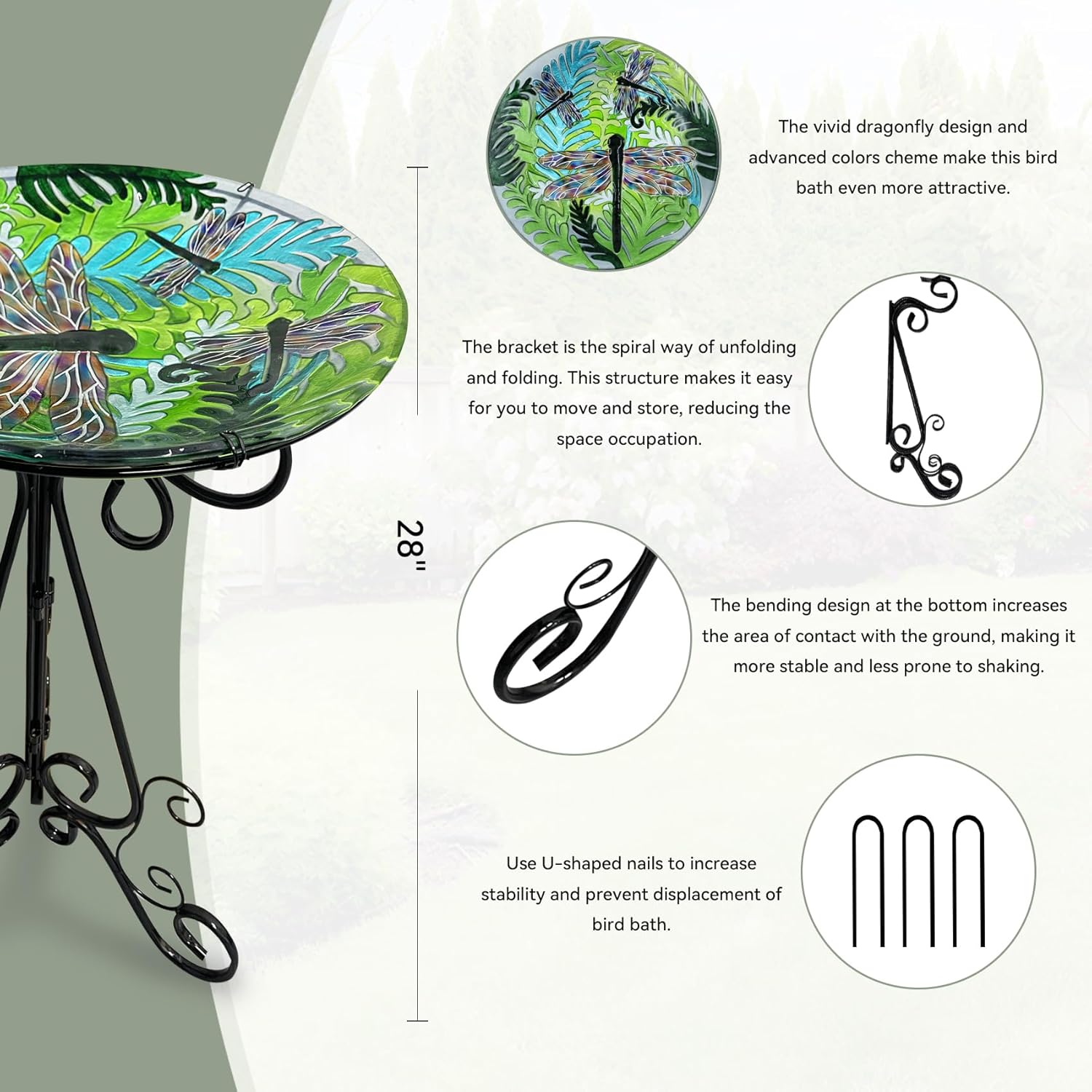 Large Bird Bath for Outside, 18" W Glass Bath Bowl with Metal Stand 28" H Standing Outdoor Birdbaths for Garden Yard Lawn Decor (Dragonfly)