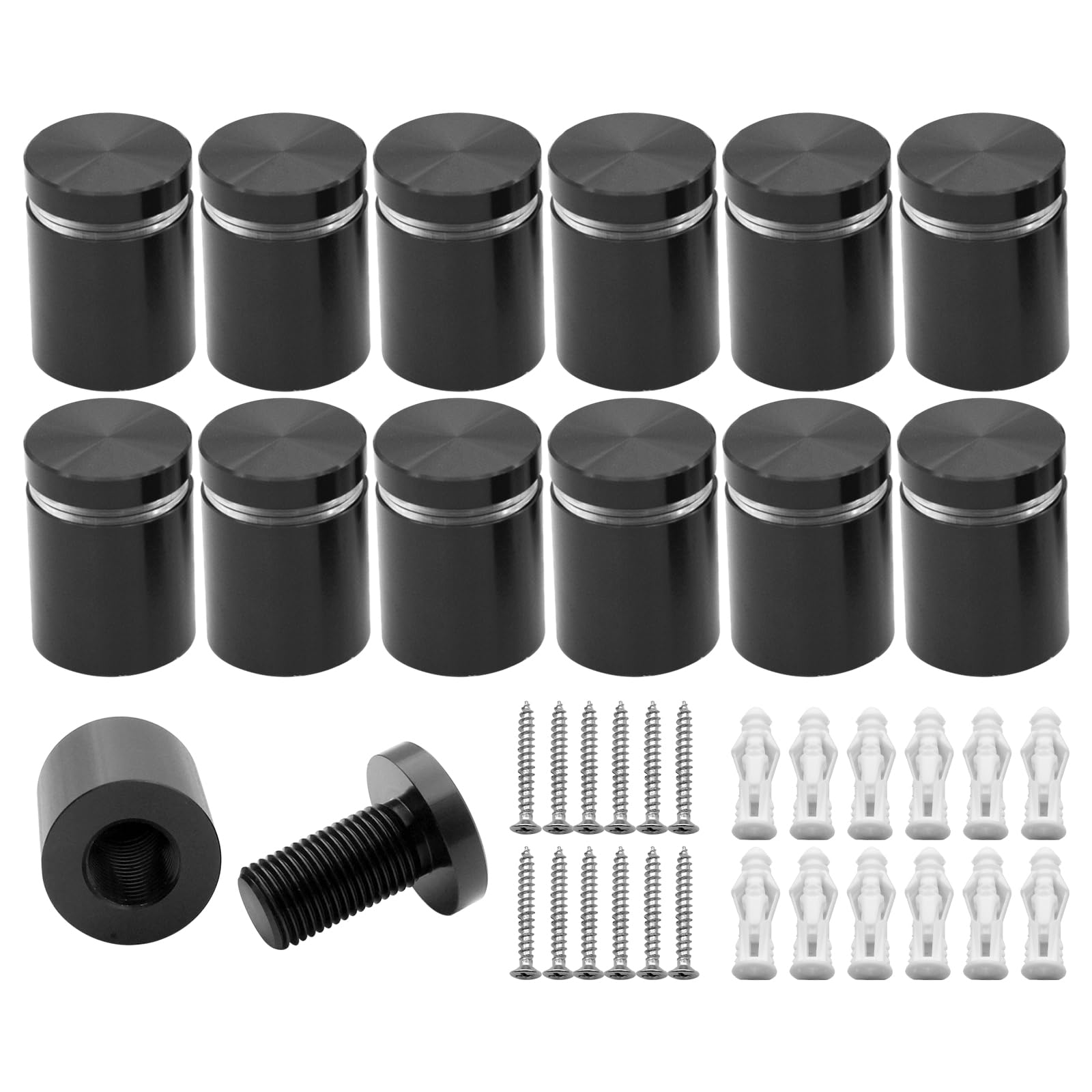Kenshire Black Anodized 12Pcs 19X20mm Solid Aluminum Sign Standoff Wall Mounts Advertising Screws Fixing Standoffs Fixings For Acrylic Signs Display (Black)