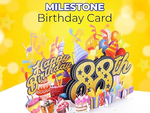 Miniatura 6 de iGifts And Cards Tarjeta desplegable 3D de feliz cumpleaños 88 – Diseño azul con números de purpurina, globos, pasteles y regalos – Tarjeta