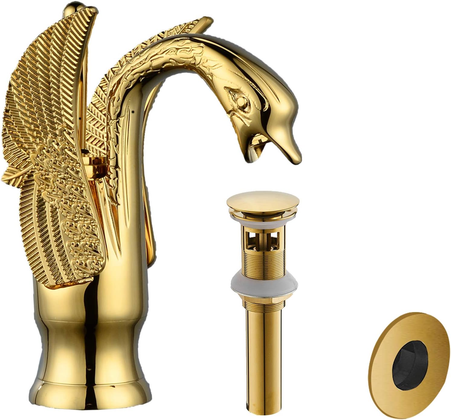 BWE Swan Faucet Gold Matching Pop Up Drain with Overflow Stopper Supply Line and Overflow Cover Single Handle Single Hole Bathroom Sink Faucet Lavatory Basin Vanity Mixer Tap