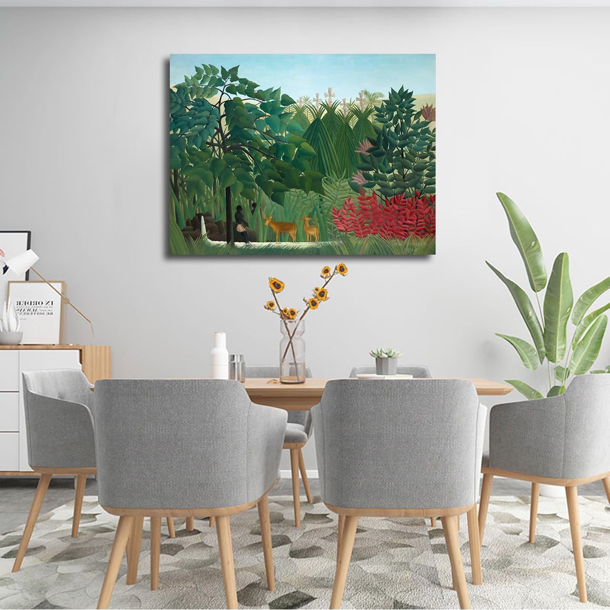 SHENGPOSTER Tropikalny las tropikalny uroczy jeleń płótno sztuka ścienna Henri Rousseau wodospad druk malarstwo Giclee wibrująca botaniczna dekoracja ścienna bezramowy plakat 70x90cm