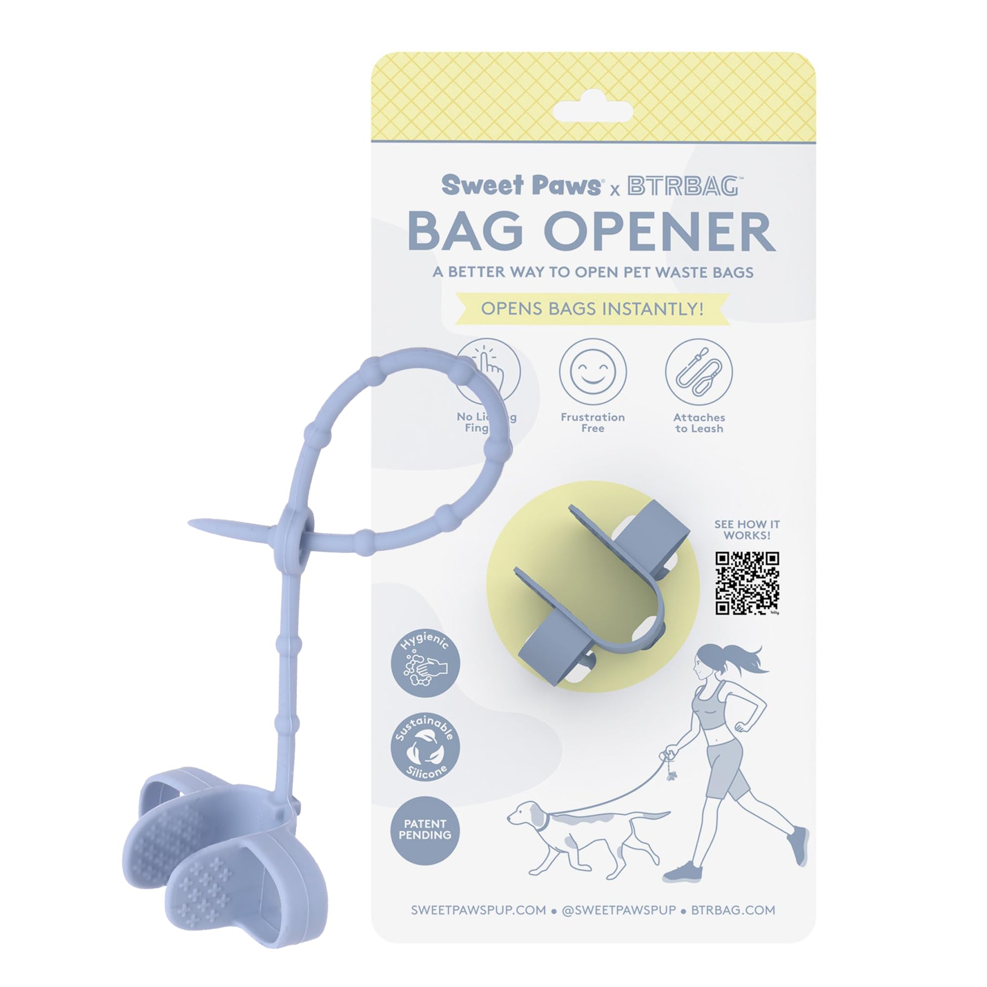 BTRBAG Dog Poop Bag Opener Device. Silicone Finger Grips, Attaches to Leash or Belt, A Better Way to Open Dog Waste Bags (Sweet Paws x BTRBAG)