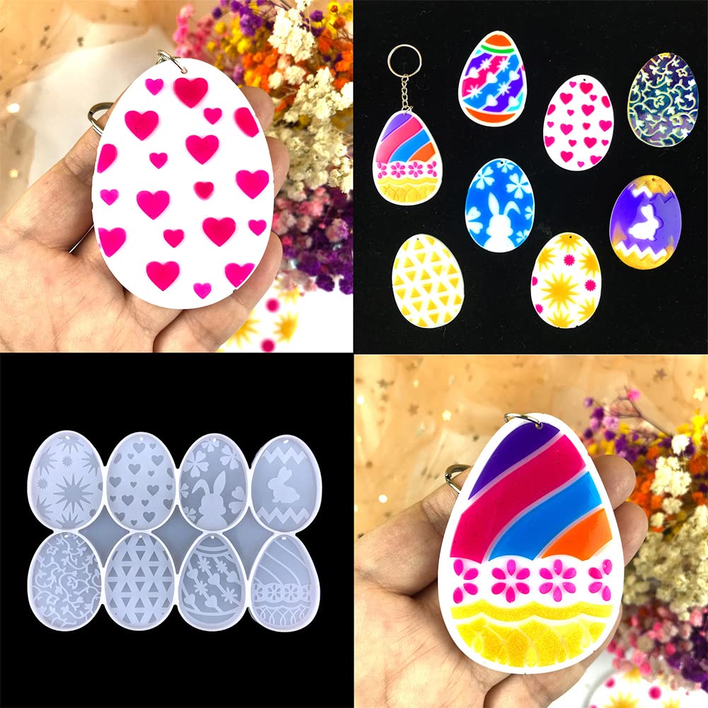 Moule Silicone Œufs De Pâques - 8 Motifs - Résine Époxy, Porte-clés - DIY Lapin, Fleurs