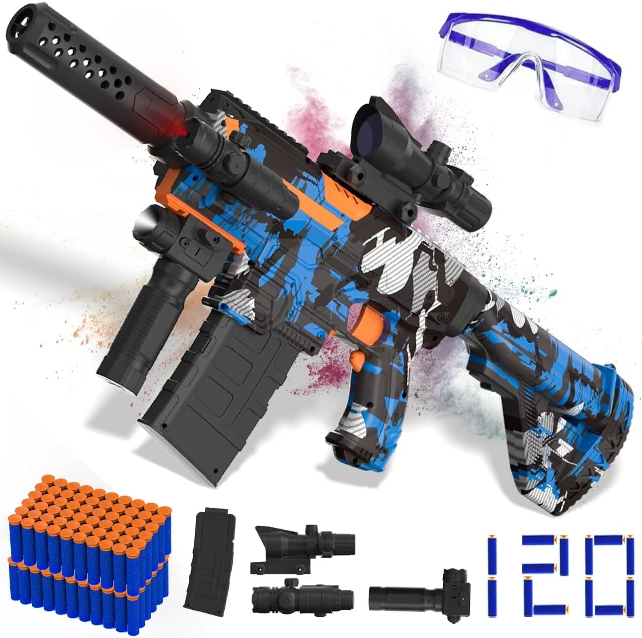 Automatic Toy Foam Blaster Sniper with Scope, Electric Toy Gun Dart Blaster with 120 Foam Darts for Guns, IR, Flashlight, Goggles, Air Pocket Technology Outdoor Shooting Game Kids Toys for 8-12 -Blue
