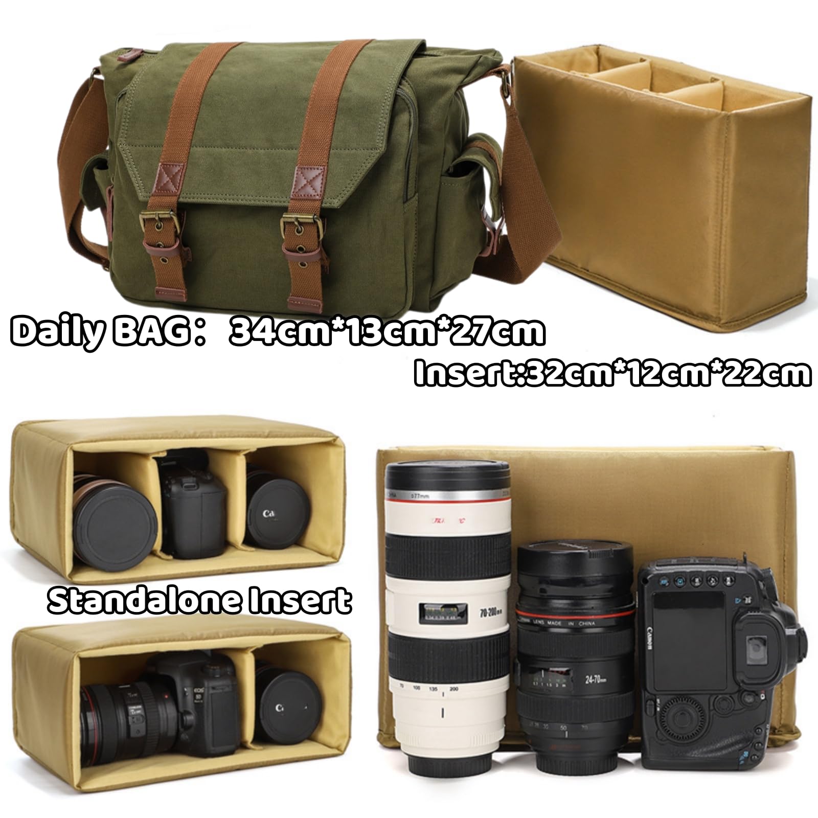 Bolsa Cámara Réflex Lona Bolsa Fotográfica Bandolera con Inserto Extraíble para Cámara DSLR Objetivos Estilo Vintage 34x13x27cm bg507 | Bolsa 2 en 1
