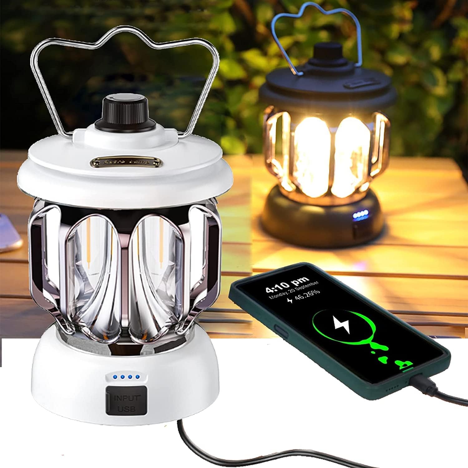 KEYOZA Camping Lantern Retro Rechargeable Lantern, 5000mAh Battery Powered Lantern, with 3 Light Modes, Portable Water Resistant Light, Lantern Flashlights for Yard/Outdoor/Home/Decor/Outages - Lantern (WHITE)