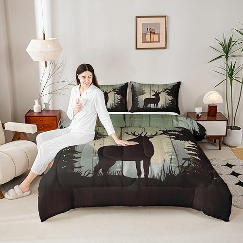 Juego de edredón de silueta de ciervo, juego de ropa de cama rústica de 3 piezas para niños, adolescentes y adultos, decoración de habitación, juego