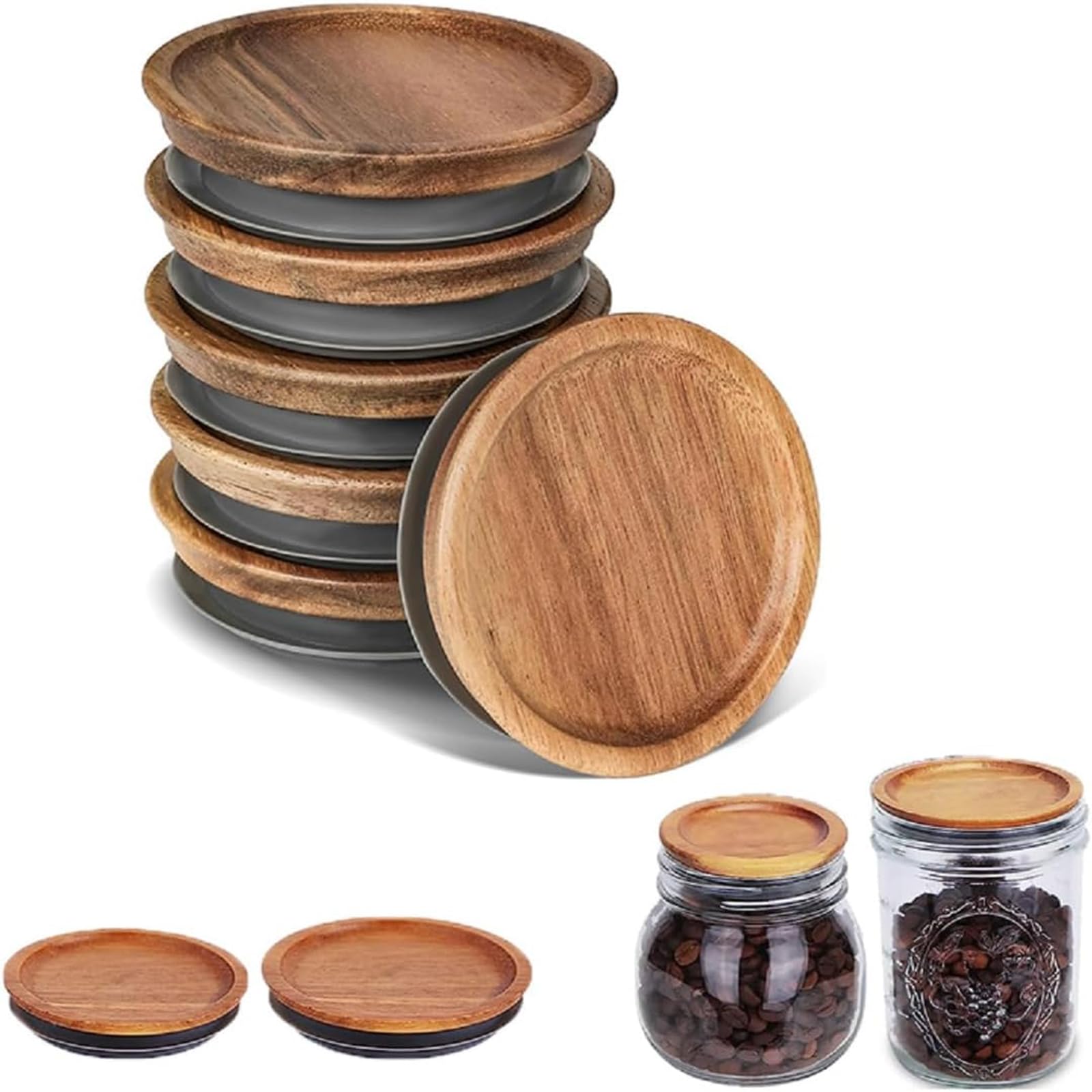 Paporich Mason Jar Lids,Regular Mouth Mason Jar,Reusable Wooden Storage Lid with Silicone Seal,Regular Mouth Storage Canning Jar Lids,Lids for Meal Prep,Food Storage,Canning,Oats,Spices(Pack of 6)
