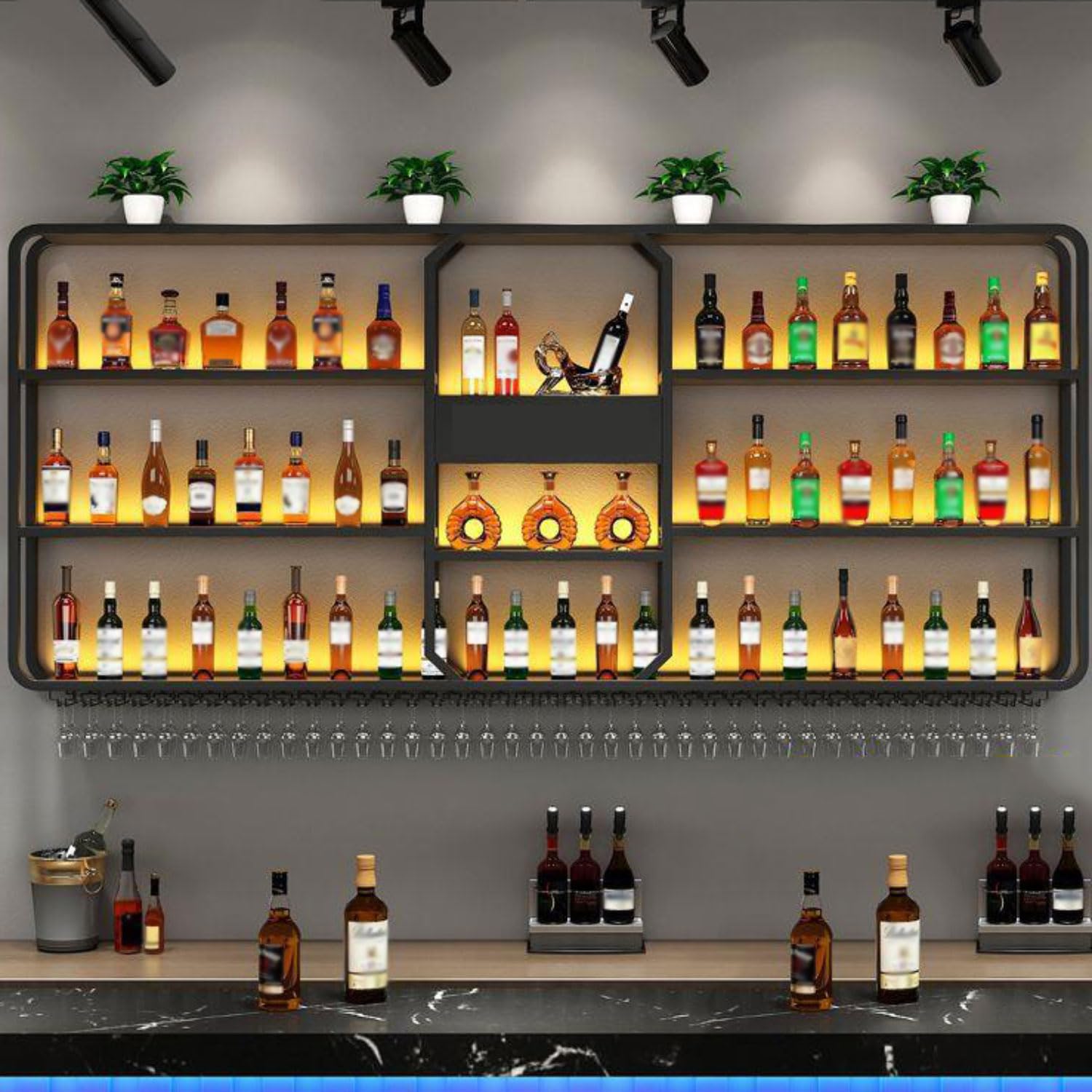 Support de bouteille fixé au mur suspendu avec étagère lumineuse LED bar