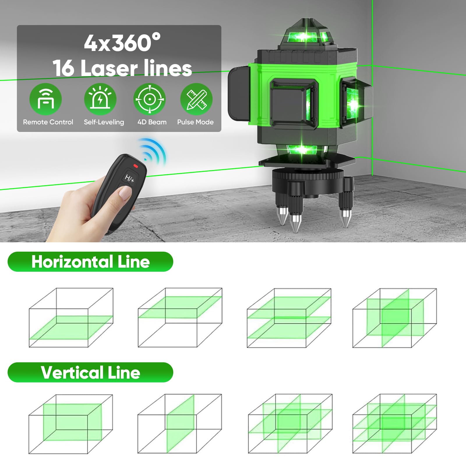 Niveau Laser, 4D 16 Lignes Niveau Laser Vertical Horizontal Autonivelant avec 2 * Batteries rechargeables 2600 mAh (A+avec trepied+box)
