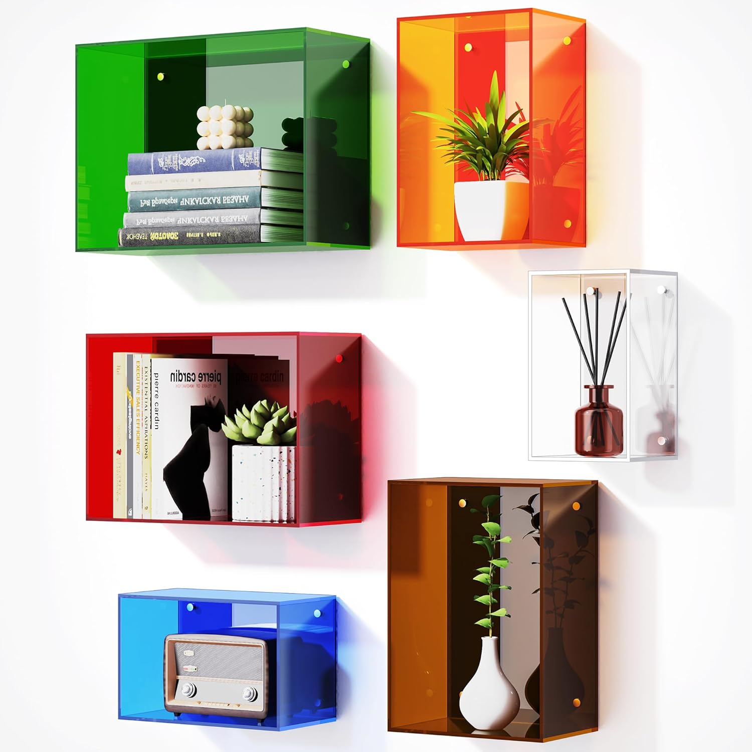 Acrylic Floating Shelves for Wall, Wall Mounted Square Cube Shelf for Bedroom Living Room Bathroom Kitchen, Storage Shelf Display Decor (Colored, Set of 6)