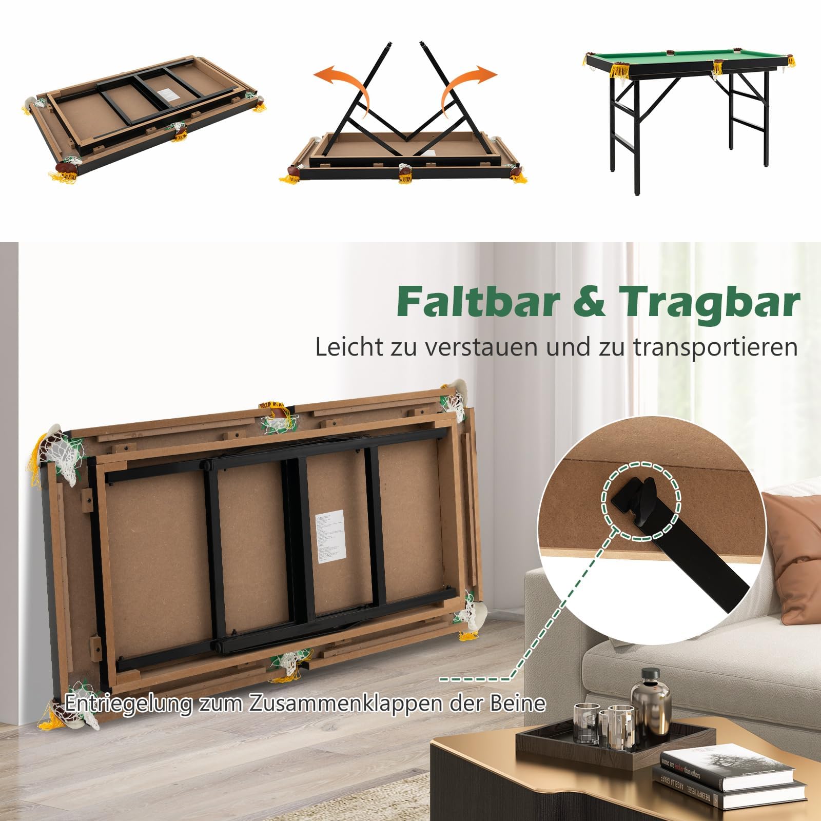 COSTWAY Billardtisch klappbar, Billiard Tisch mit Zubehör, Pooltisch mit 2 Queues, 2 Kreiden, Dreieck & Bürste, Tischbillard aus Holz, Snookertisch für Kinder, Erwachsene, 122 x 64 x 78 cm