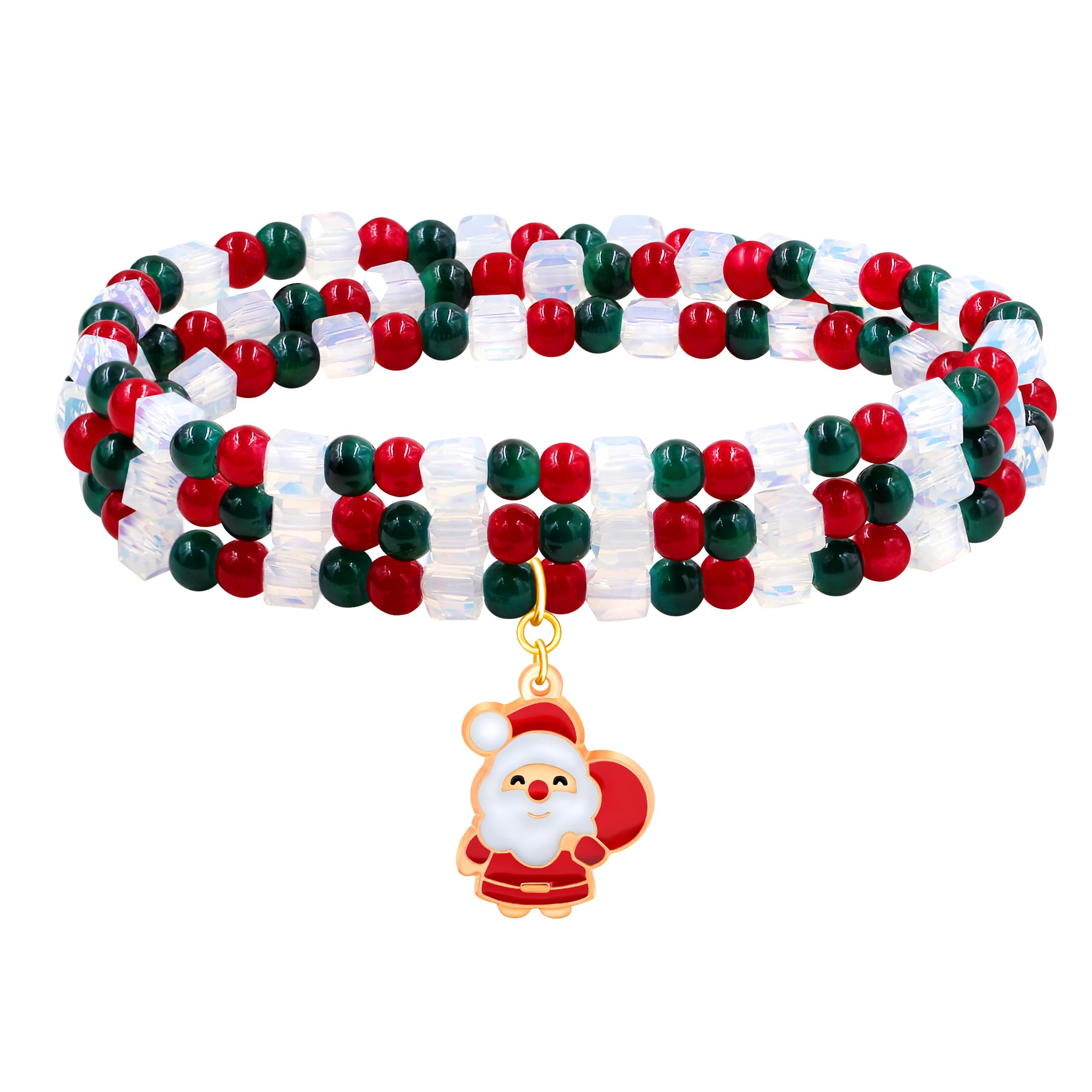 JunyiDIYGirls Green Christmas Tree Charm and Christmas Bell Pendant /3 Layers Wrapped Chain Santa Claus Pendant Bracelet for Daughter Sister Girlfriend Female Christmas Boutique Jewelry