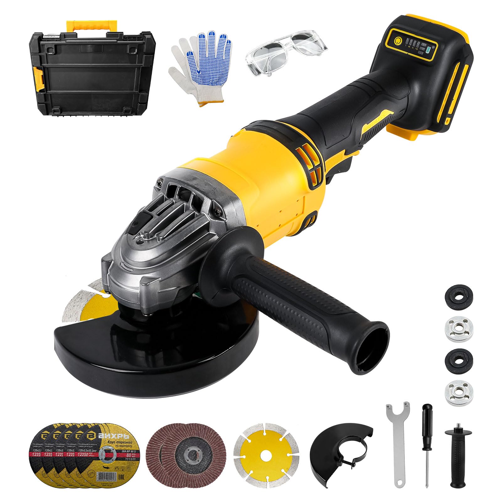 Cordless Angle Grinder for Dewalt 18V 20V, 125mm 10000RPM Electric Grinder Cut Off Tool with Brushless Motor, 6PCS Discs for Wood Plastic Metal Cutting Grinding Polishing (NO Battery)
