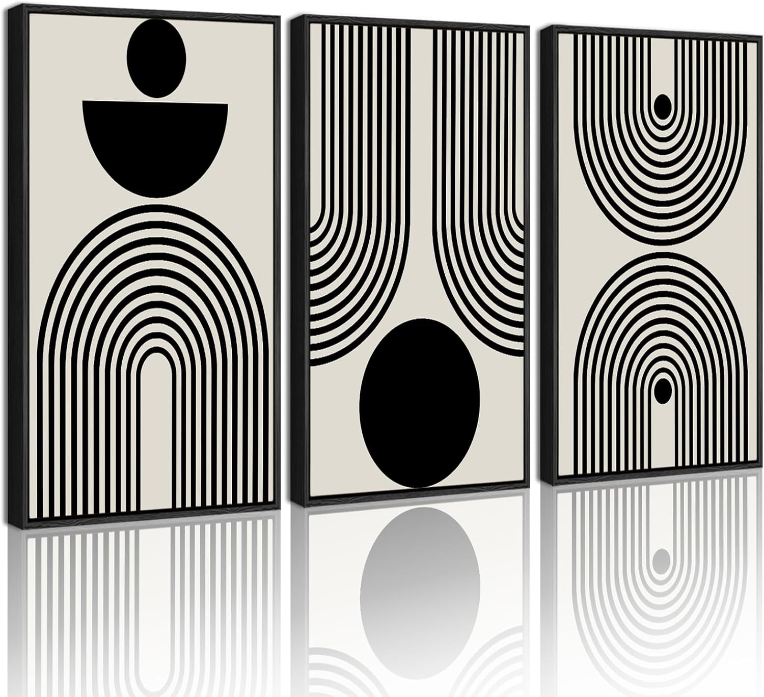 PHOPAGO Black Abstract Wall Art Geometry Large 16x24in Minimalist Sun Lines Framed Canvas Painting Artwork Living Room Bedroom Home Decor Black Framed Abstract Bohemain 16" x 24" x 3 Pcs Black