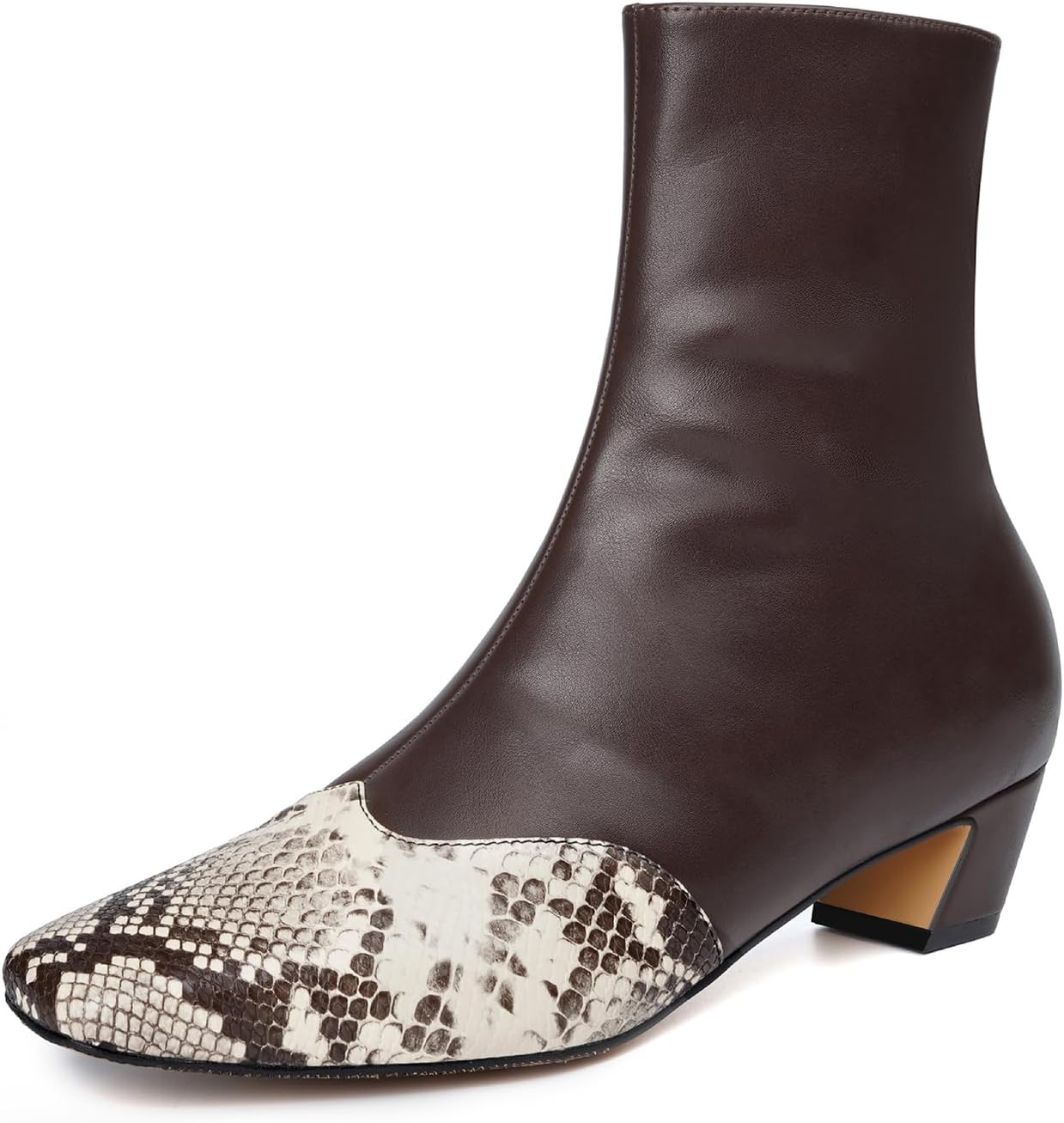 Vertundy Women's Ankle Boots Square Toe Booties Low Kitten Block Chunky Heel Snakeskin Patchwork Leather Chelsea Boots