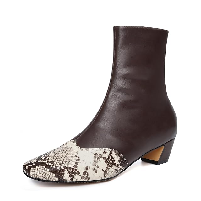 Vertundy Womens Ankle Boots Square Toe Booties Low Kitten Block Chunky Heel Snakeskin Patchwork Leather Chelsea Boots