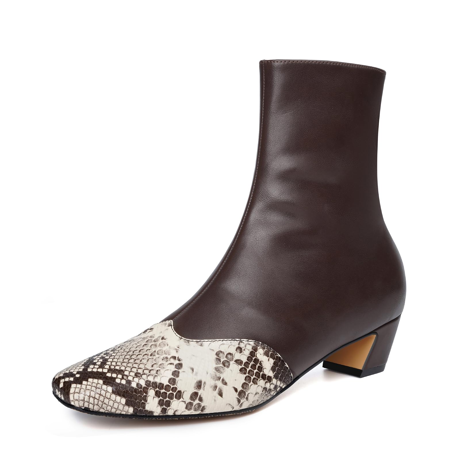 Vertundy Womens Ankle Boots Square Toe Booties Low Kitten Block Chunky Heel Snakeskin Patchwork Leather Chelsea Boots