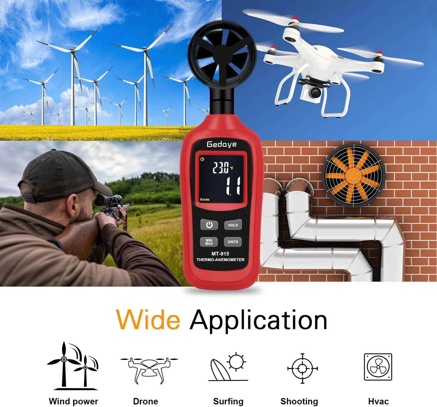 Gedaye MT-915 Anemometer shown in various application scenarios like wind power, drone flying, surfing, shooting, and HVAC.