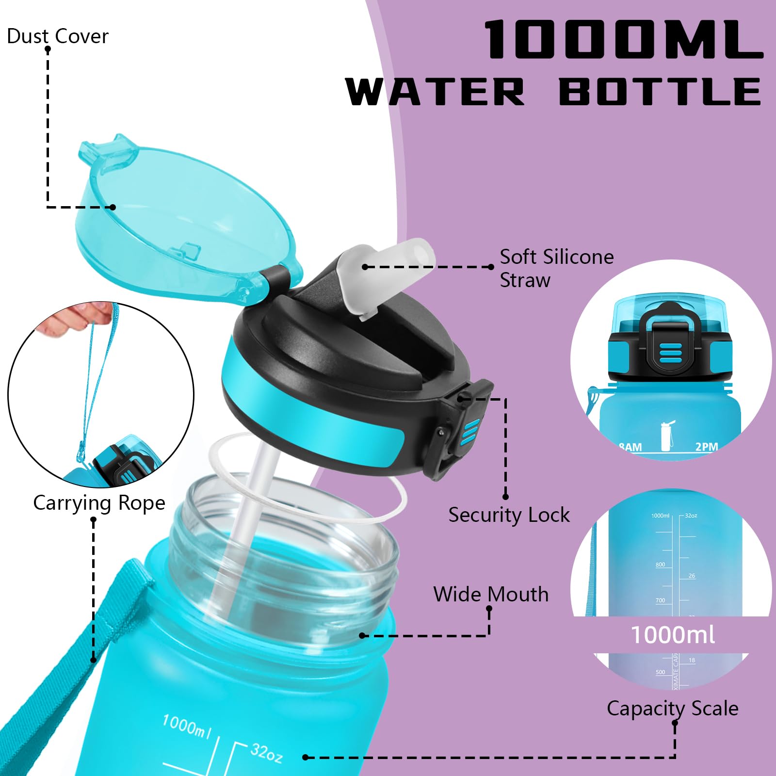 Mujigaga Borraccia 1 litro, Borraccia con Cannuccia, Senza Perdite, Borraccie Motivazionale, Facile da Pulire, Bottiglie Acqua Con Slogan Motivazionale, Borracce per Ciclismo, Campeggio, Nuotare