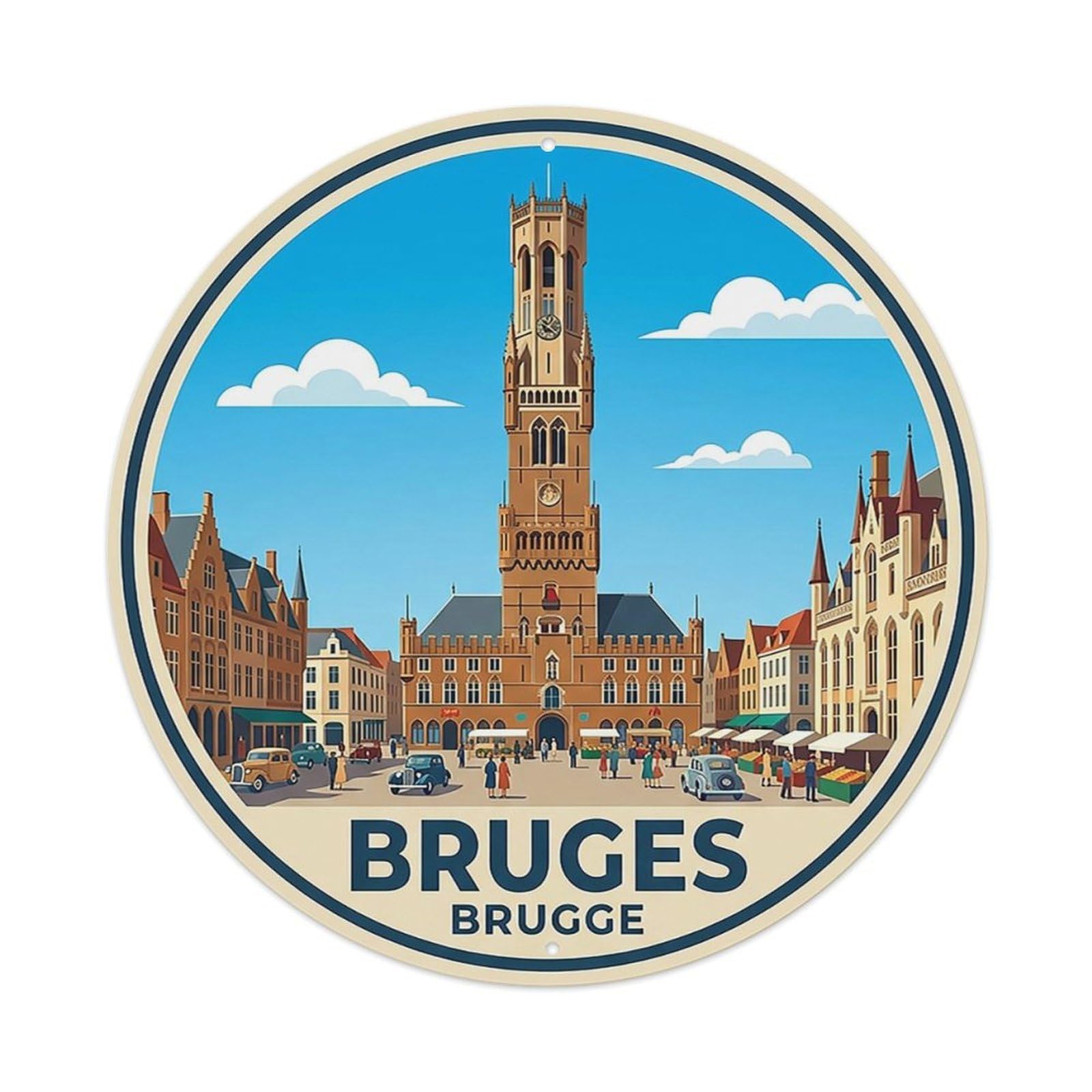 Retro Travel Belgium Bruges Vintage Metal Tin Sign Plaque Wall Decor for Cafe, Club Bar, Office, Garden Metal Poster 8x8Inch