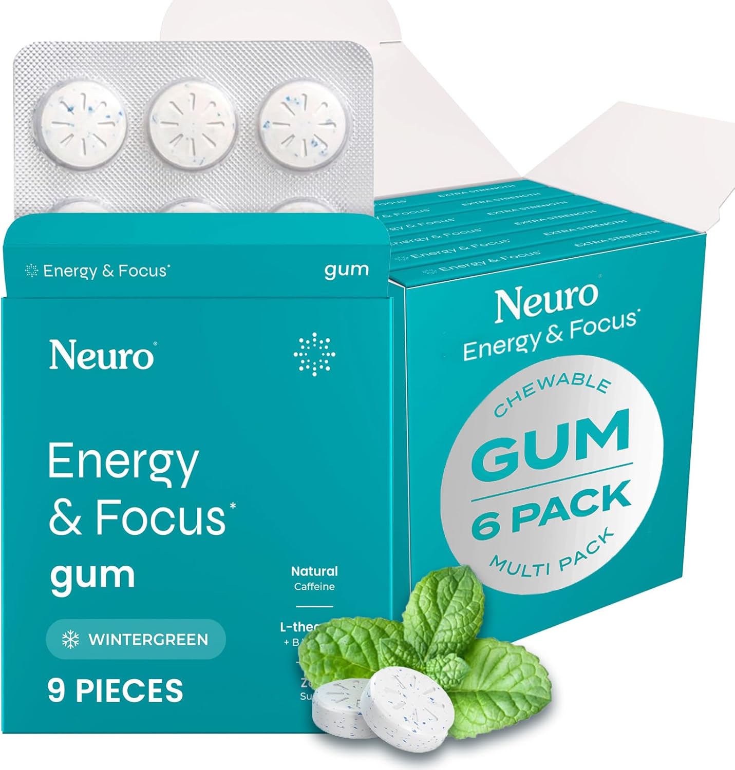 Neuro Energy & Focus Gum - 40mg Natural Caffeine Gum & Nootropic Energy Supplement with L-Theanine & B Vitamins - Sugar Free, Vegan - Wintergreen, 54ct