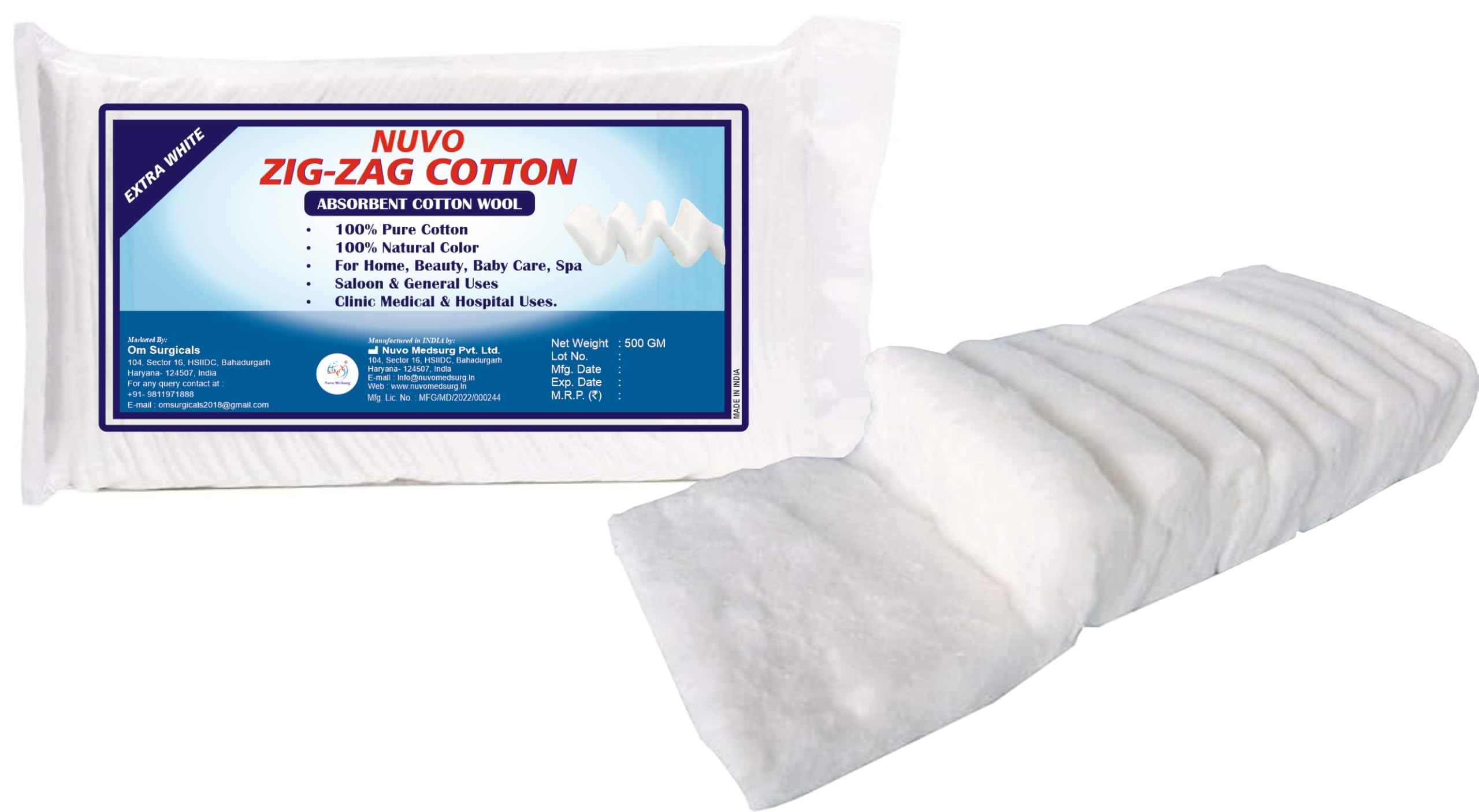 NUVO MEDSURG Zig Zag Surgical Cotton 500gm (Pack of 1) - Medical Cotton for Wound Care & Baby Cleaning - Highly Absorbent for Medical Use, Makeup Remover & Beauty Care - Surgical, Pack of 1