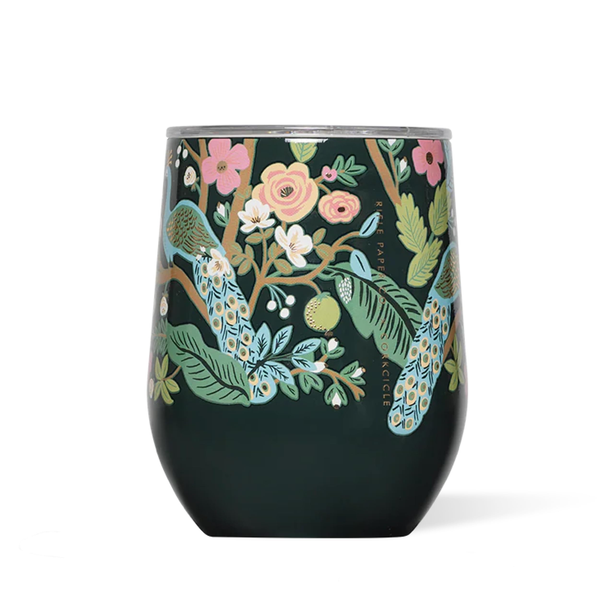 Corkcicle x Rifle Paper Co. Stemless Insulated Wine Glass Tumbler, Peacock Blue, 12 oz – Stainless Steel Stemless Wine Glass Keeps Beverages Cold 6hrs, Hot 3hrs – Non-Slip, Easy-Grip Insulated