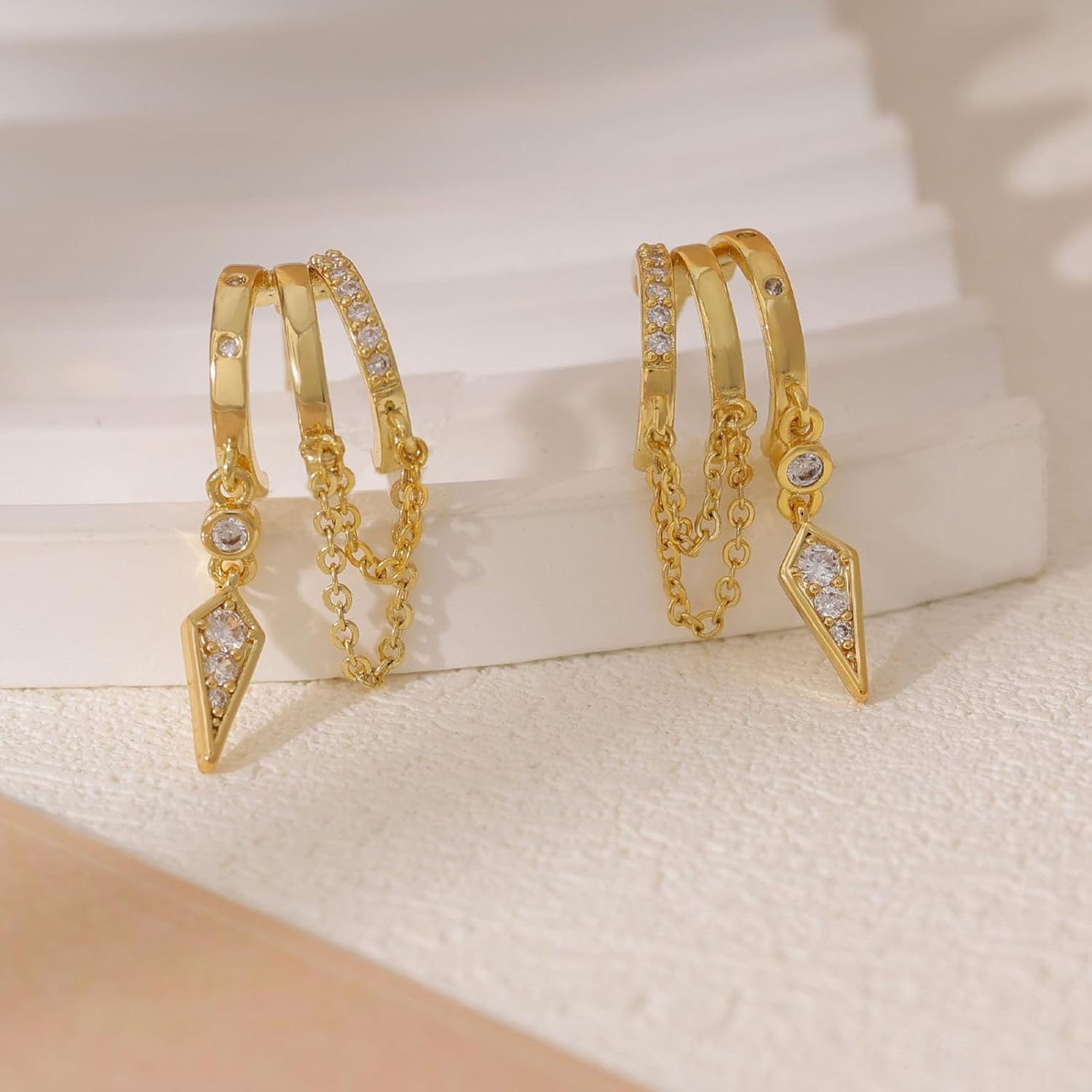 Gold Dangle Earrings for Women Triple Huggie Hoop Stud Earrings Cute Statement Chain Earring Dainty Drop Earrings for Women - Image 7