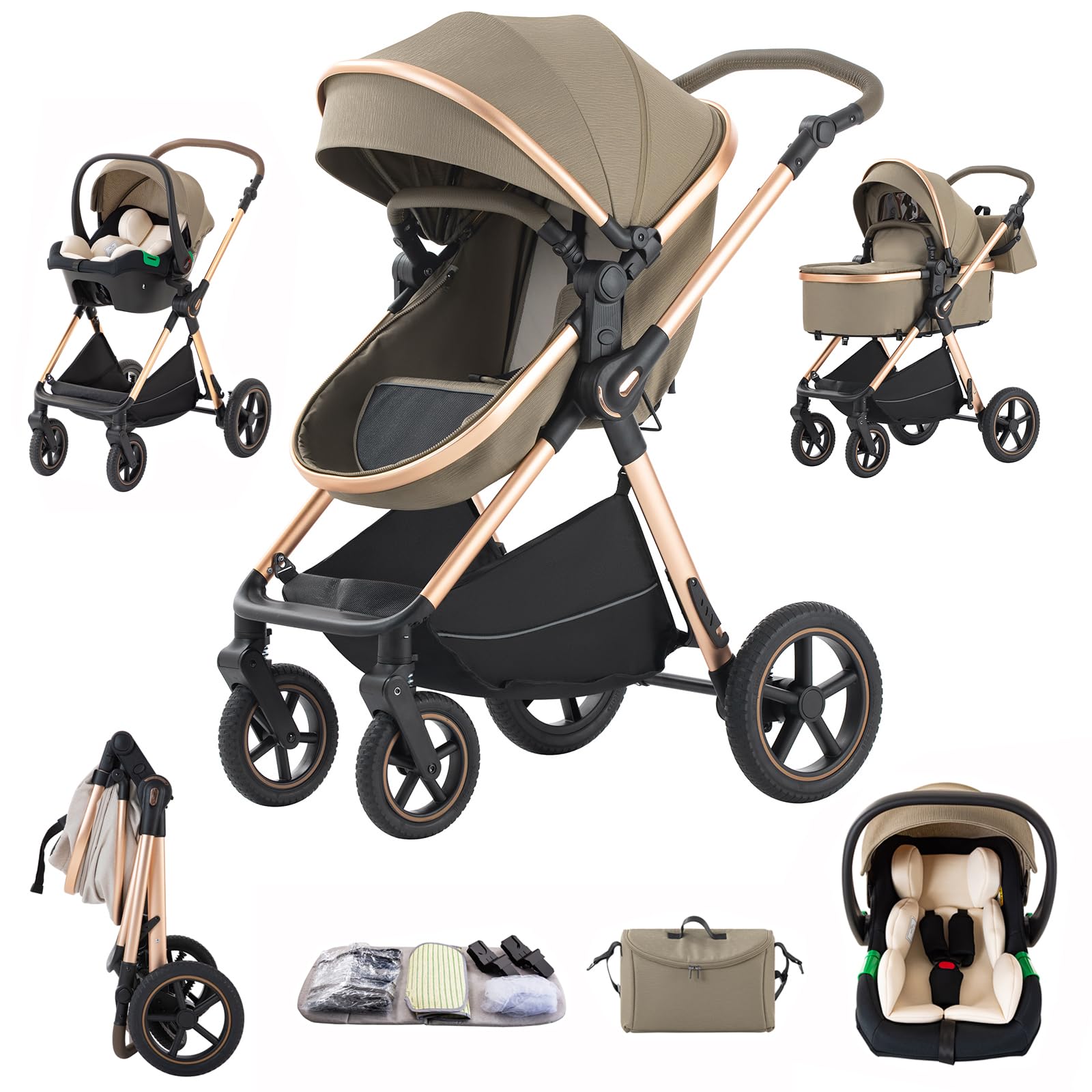 Poussette 3 en 1 Citadine Combinée Tricycle Baby Walker Haute Paysage Landau pour 0-36 mois Pliante Trolley Bébé D2-LIGHT BROWN