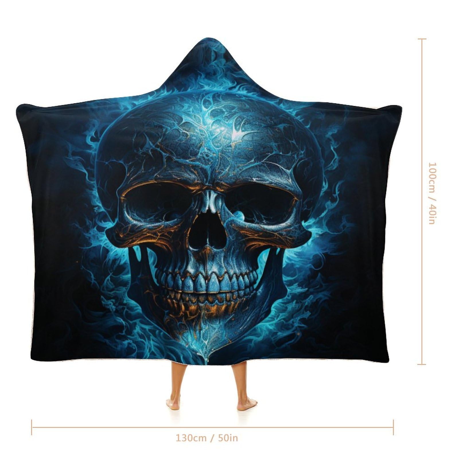 Snbidmk Blue Flame Skull Hooded Blanket Soft Fleece Throw Skull Plush Wearable Blanket Hoodie for Adult Kids-C1-60x80