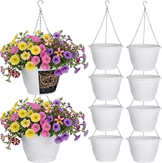 10 Pack 11 Inch Plastic Hanging Planter Bulk White Hanging Baskets for Plants with Drainage Trays Self Watering Plant Pot Outdoor Indoor Planter for Garden, Balcony, Porch, Patio Decor