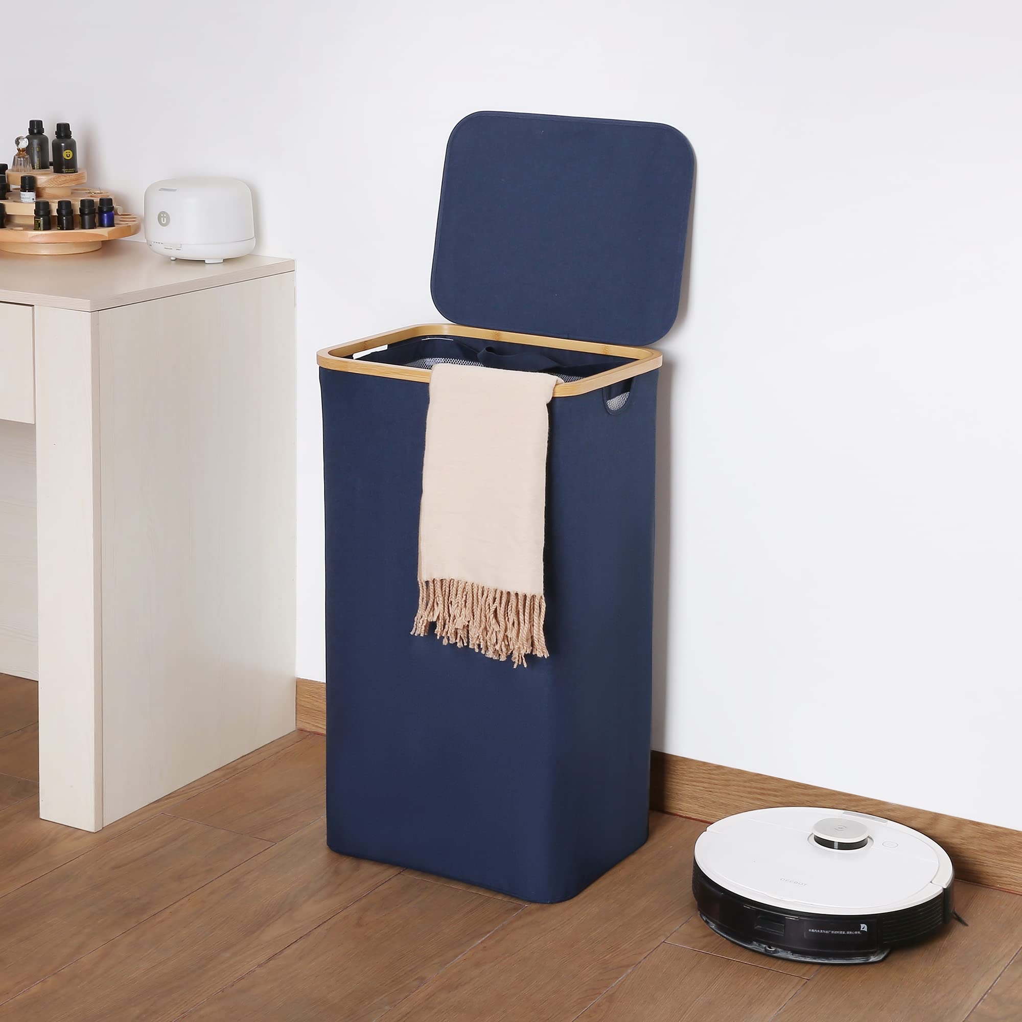 efluky Cesto porta Biancheria Sporca, Porta Biancheria Sporca per Bagno, cesto per panni sporchi XL 100 Litri con Manici in bambù per Vestiti, Pieghevole Cesta Panni Sporchi, Blu