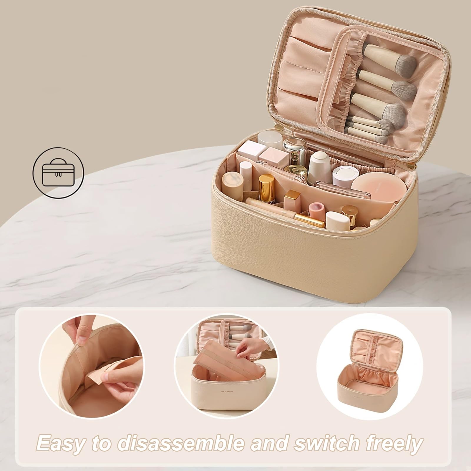 Impermeabile Beauty Case per Appendere per Organizzare Oggetti Personali Accessori, Beauty Case da Viaggio, con Divisori Rimovibili, Apertura a Ribalta con Ampio Scomparto(White)