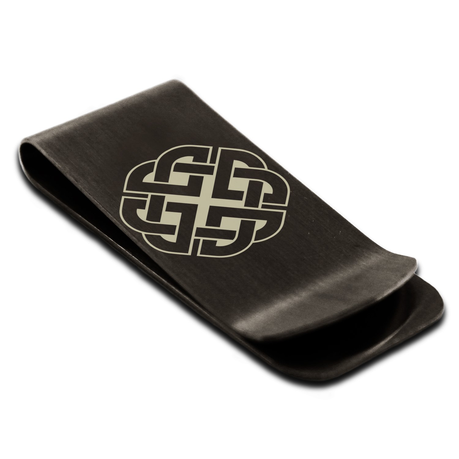 Tioneer Matte Black Stainless Steel Celtic Quaternary Knot Rune Symbol Money Clip Credit Card Holder