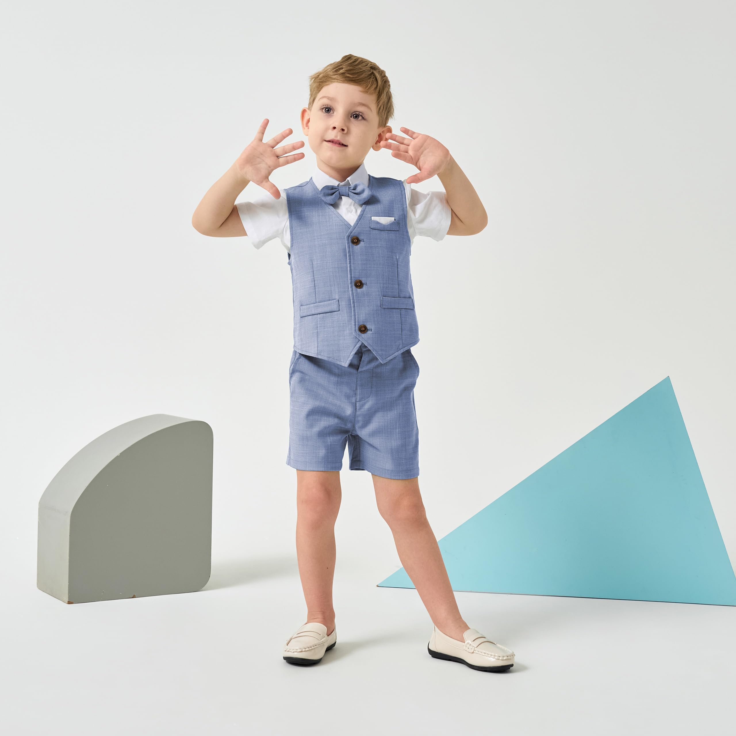 Volunboy Completo Elegante Bambino Camicie + Papillon + Gilet + Pantaloncini, Estivi Cerimonia Nozze Abbigliamento 4 Pezzi
