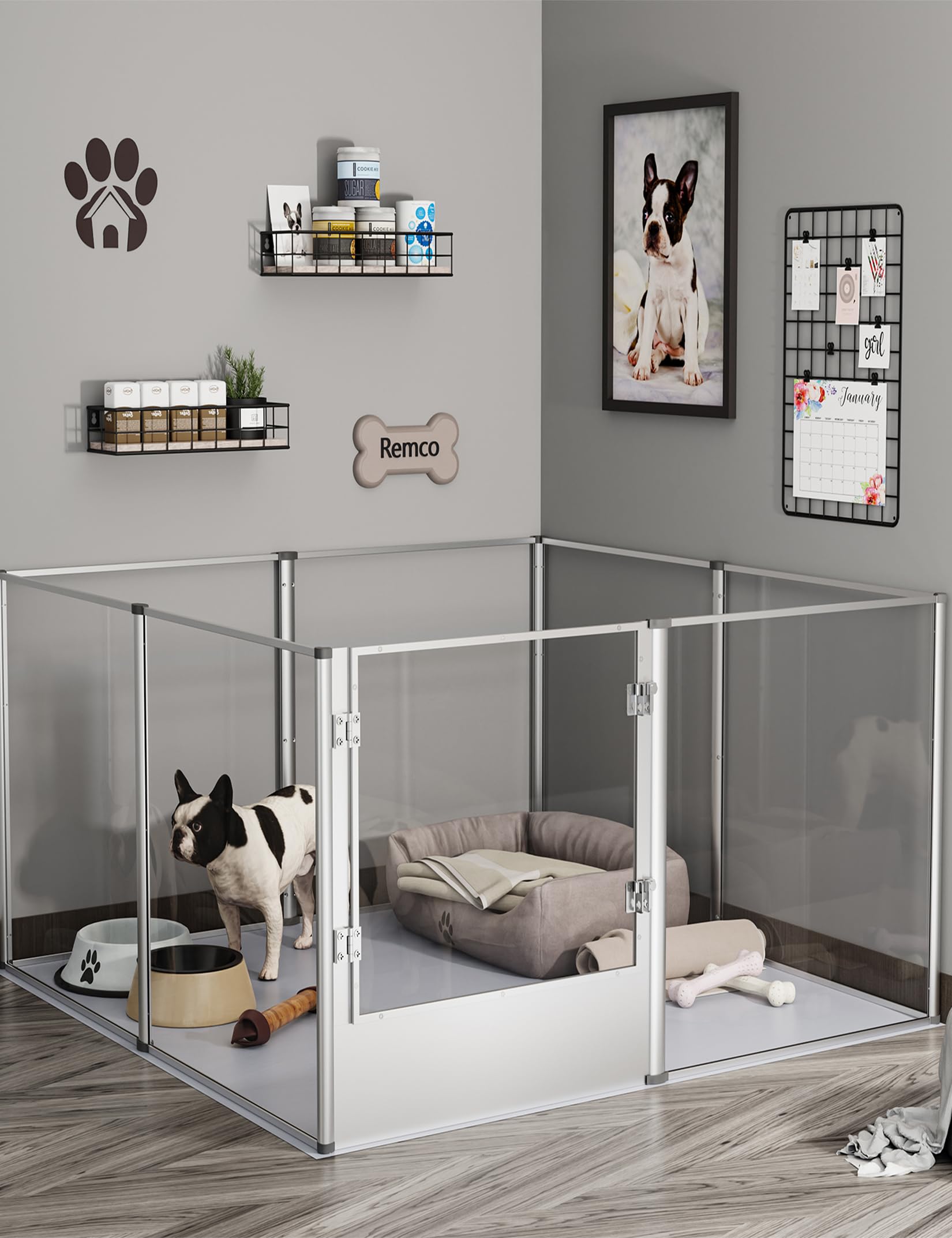 BingoPaw Parque para Perros Transparente Valla Corral para Perros de Acrílico Espesado Caja de Parto con Suelo Impermeable de PVC Marco de Alumnio y Puerta para Animales Interior (120x120x60)