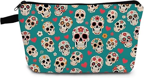 Floral Skull Makeup Bag Cute Small Organizer Bag with Zipper Mexican Folk Art Sugar Skull Cosmetic Bag Aesthetic Birthday Present for Women Friends -1