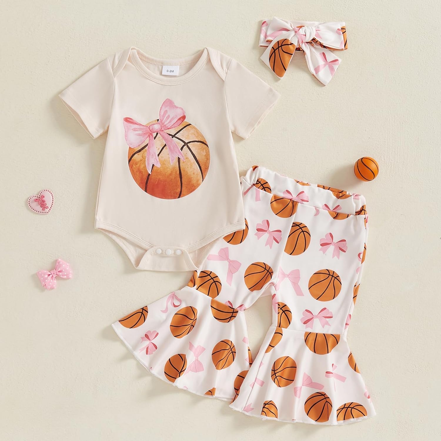 Basketball Baby Girl Outfit Newborn Basketball Bow Short Sleeve Romper Flare Pants Headband Set 3Pcs Summer Outfits - Image 2