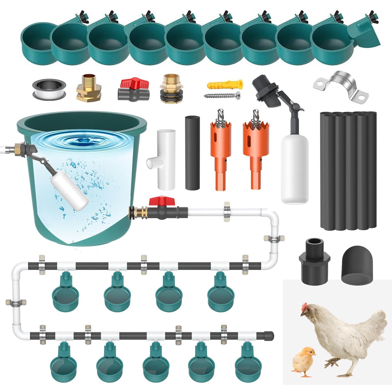 Bebedero para Gallinas, Bebedero Automático para Aves de Corral y Taladro Agua para Pollos con 9 bebederos y 10 Tubos de Agua Kit para Aves Palomas Pollos Suministros Comedero de Pollo (Sin Balde)