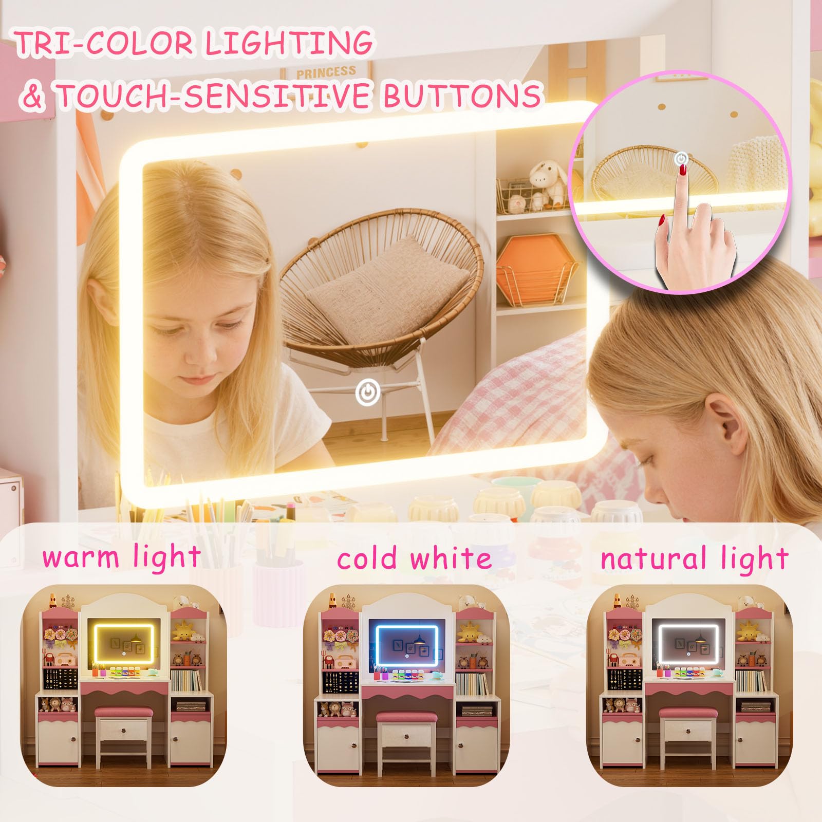 MSFE 2 en 1 Coiffeuse Enfants avec LED Miroir & Chaise, Coiffeuses en Bois avec Support pour Bijoux, Grand Rangement, Ensemble de Bureau Enfant, Table de Maquillage pour Chambre à Coucher