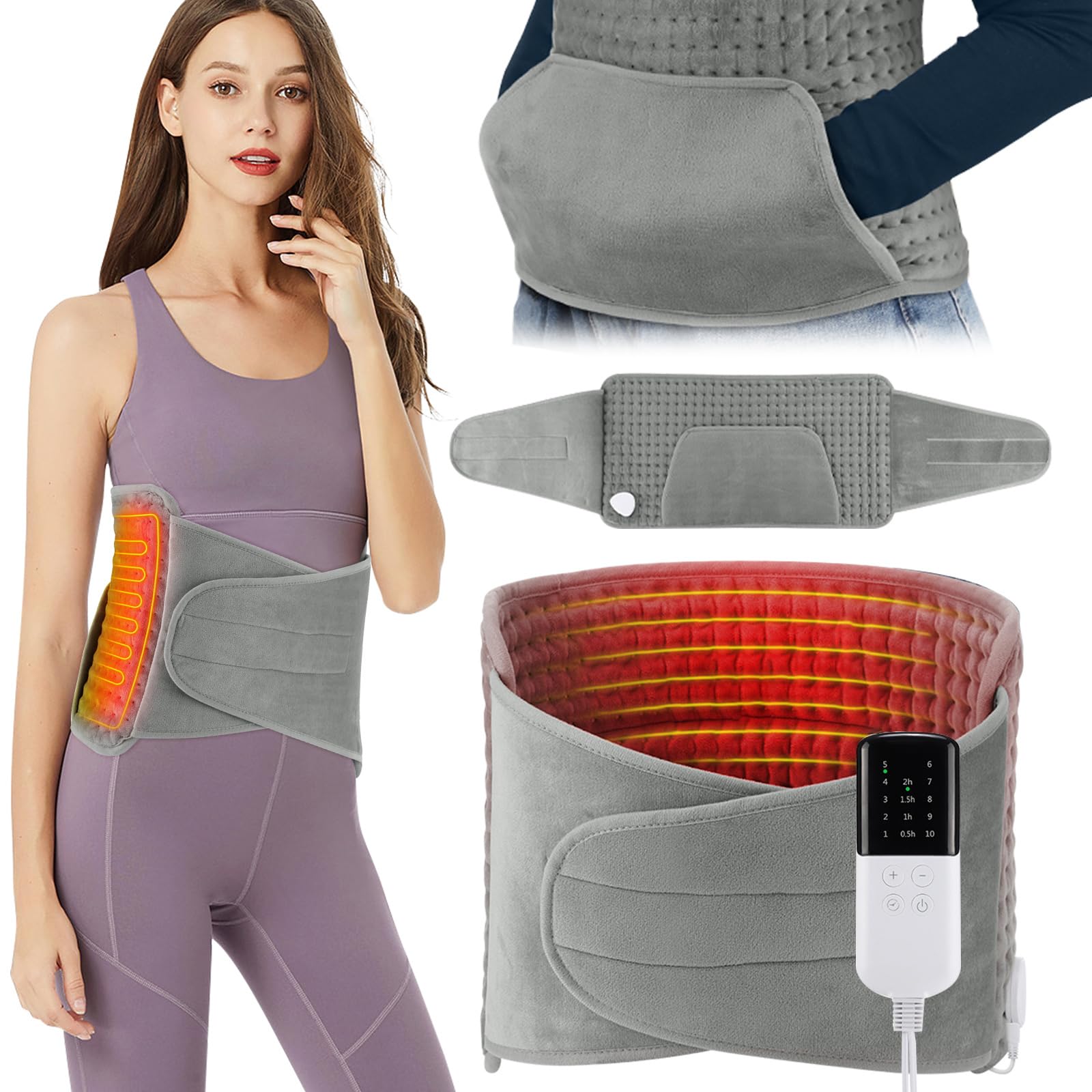 Souvik Coussin Chauffant Electrique avec Velcro, Ceinture Lombaire Chauffante Avec Poche, Pour Dos Cervicales Abdomen, Jambes, 10 température, 4 réglages de temporisation, Lavable en Machine, 125*30CM