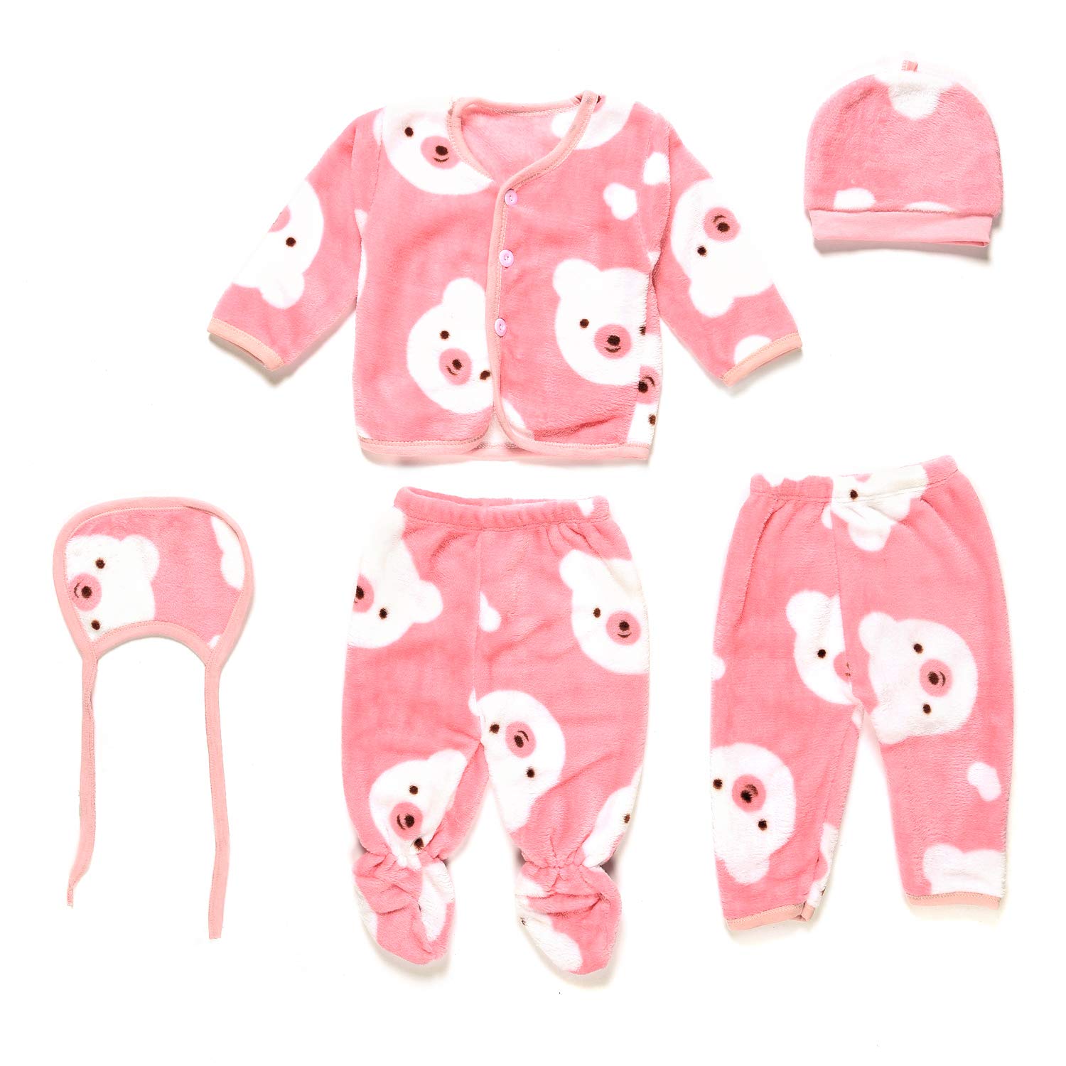 ADRIEL BRINGING JOY Baby Boy's and Baby Girl's Woollen Winter Wear 1 Baby Bib, 1 Baby Cap, 2 Baby Pyjamas, 1 Upper Complete Clothes Set of 5 Pieces (Pink, 0-3 Months)