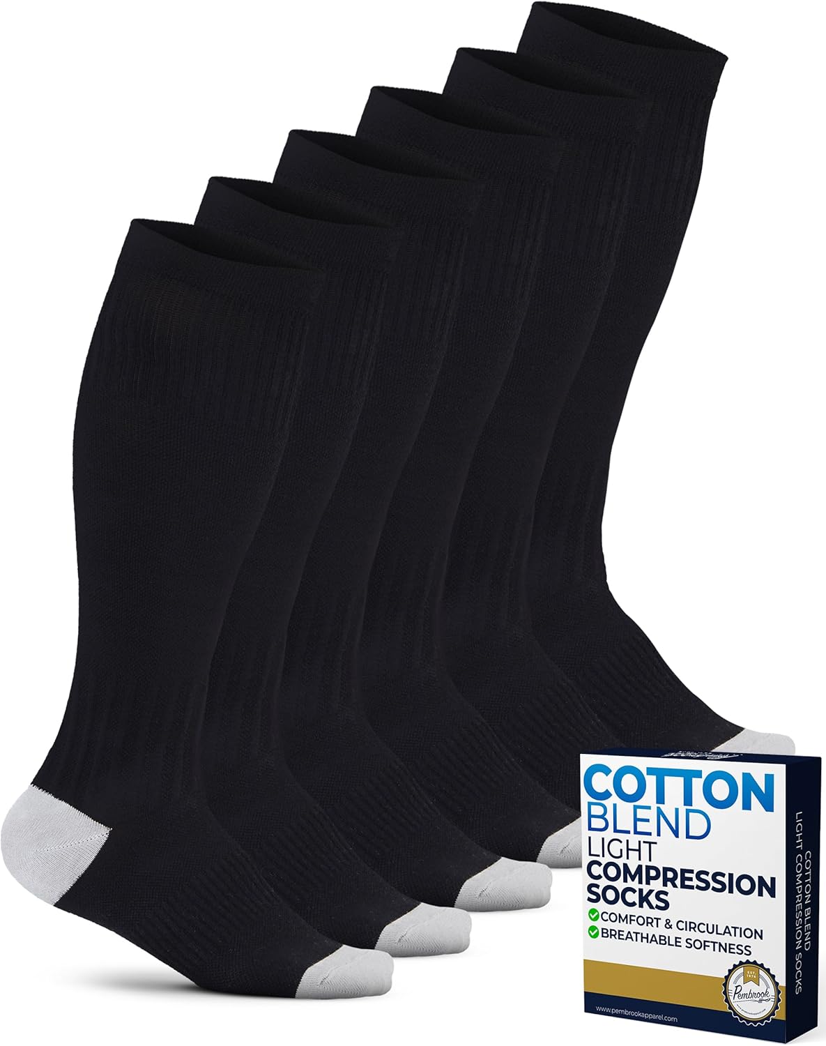 Pembrook Light Compression Socks for Women & Men - 3 Pairs | 8-15 mmHg Cotton Compression Socks Women, Knee High Comfort