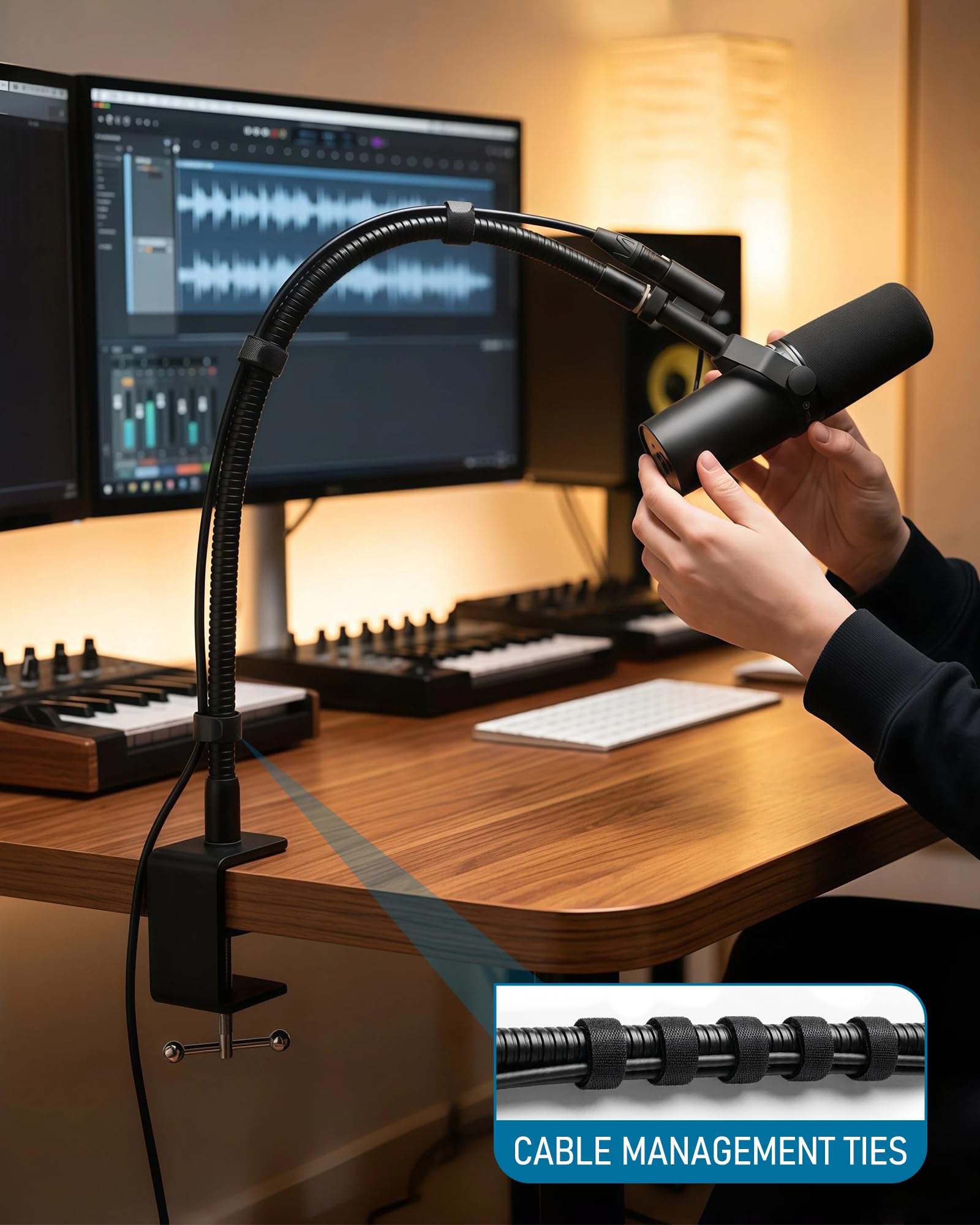 Soporte de micrófono flexible de cuello de cisne de 24 pulgadas con abrazadera de escritorio para podcasting, transmisión de radio, estudio de transmisión