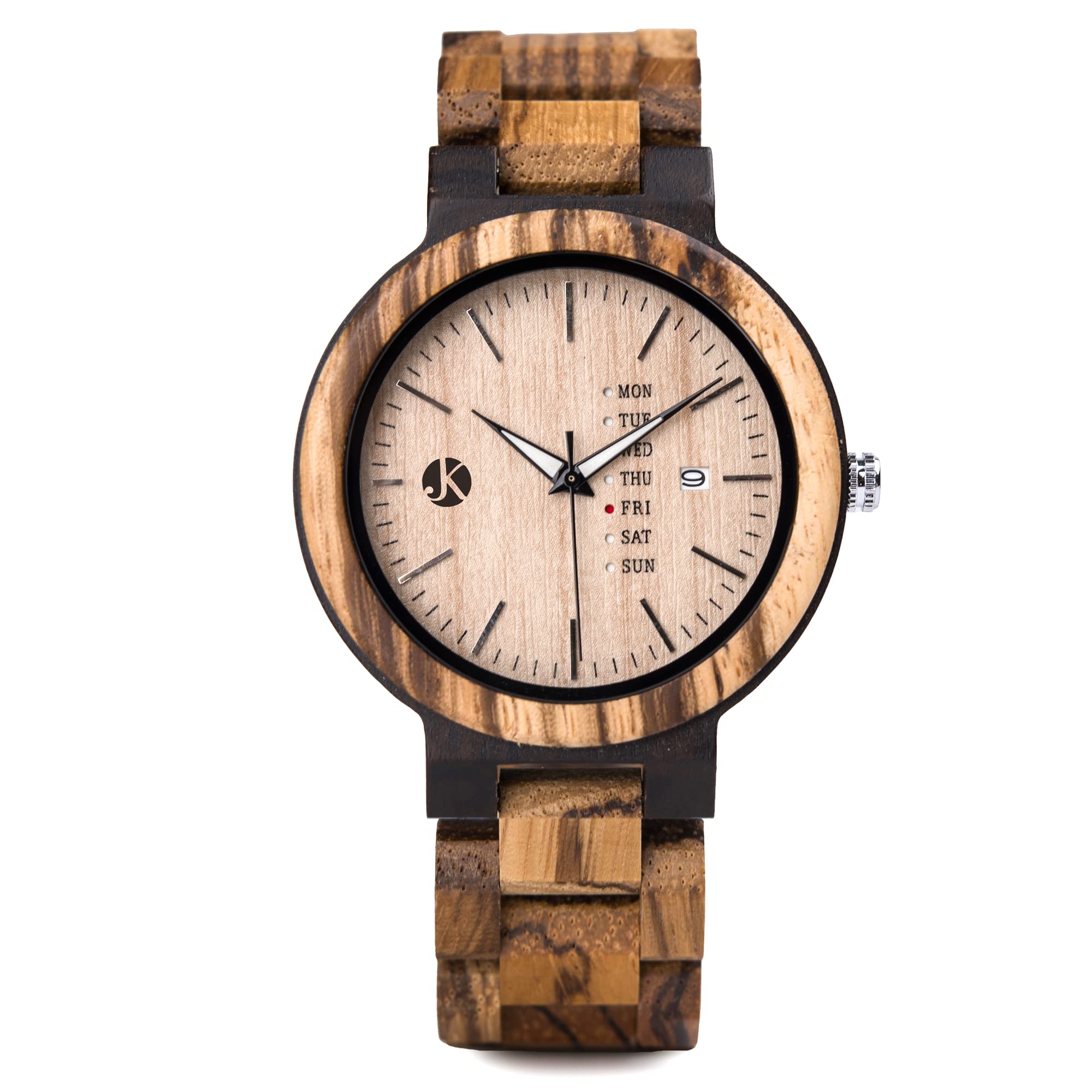 Kim Johanson Herren Holz-Edelstahl Armbanduhr *Light Week* mit Datum- & Tagesanzeige Handgefertigt Quarz Analog Uhr Vegan inkl. Geschenkbox